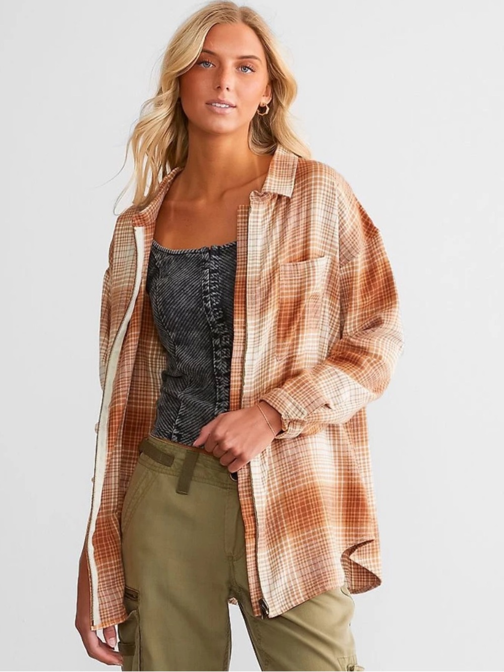 BKE Buckle Rust Plaid Boyfriend Front Zip Shacket Flannel Jacket Size Small